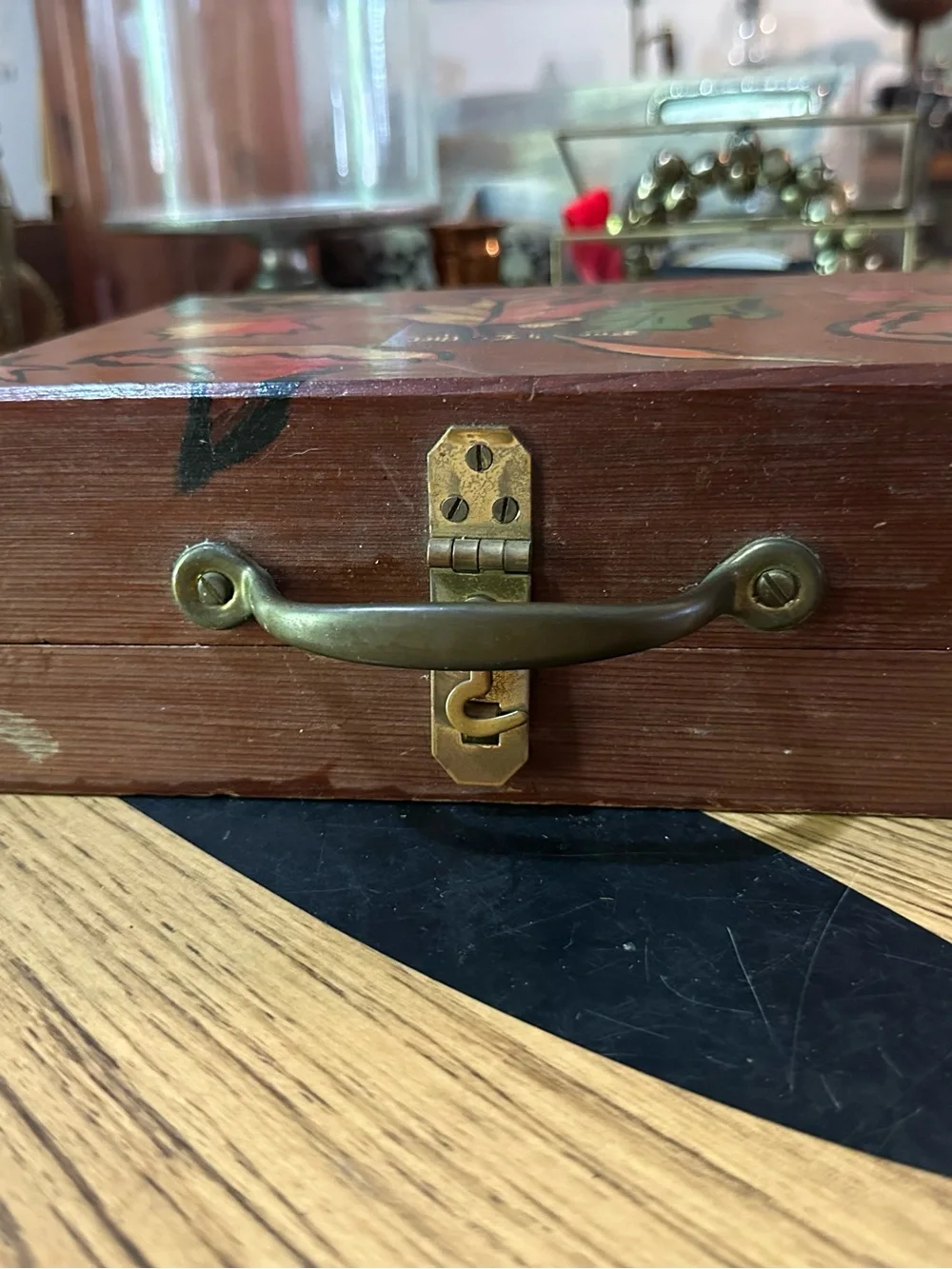 Vintage English leather wood box - handpainted and lined with daisy fabric